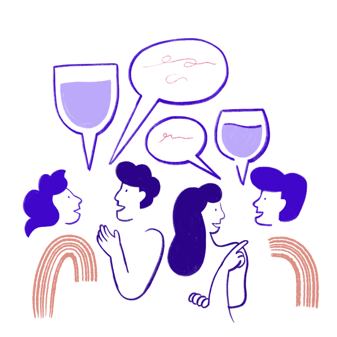 An illustration with a group of people talking to each other and drinking wine
